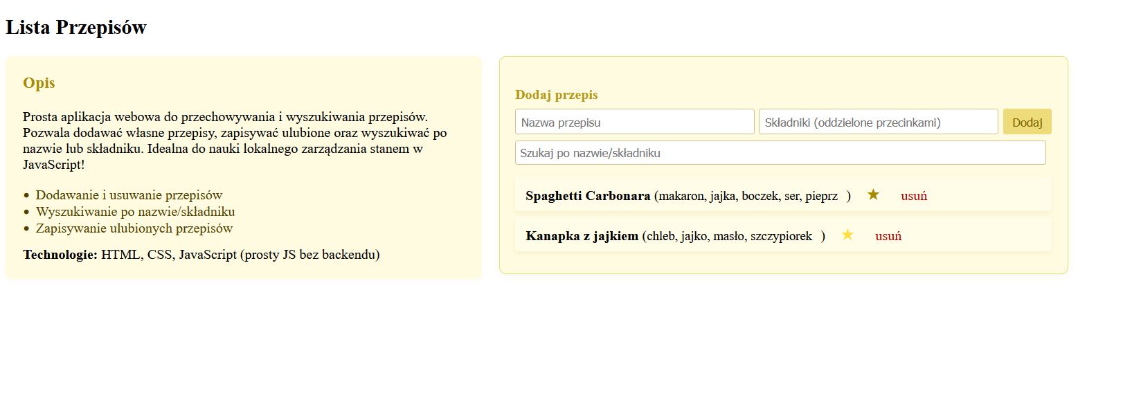 Screenshot: Strona z przepisami
